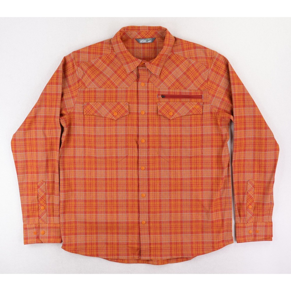 Stio Eddy Slope Shirt Mens Large Orange Blue Plaid Long Sleeve Western Snap